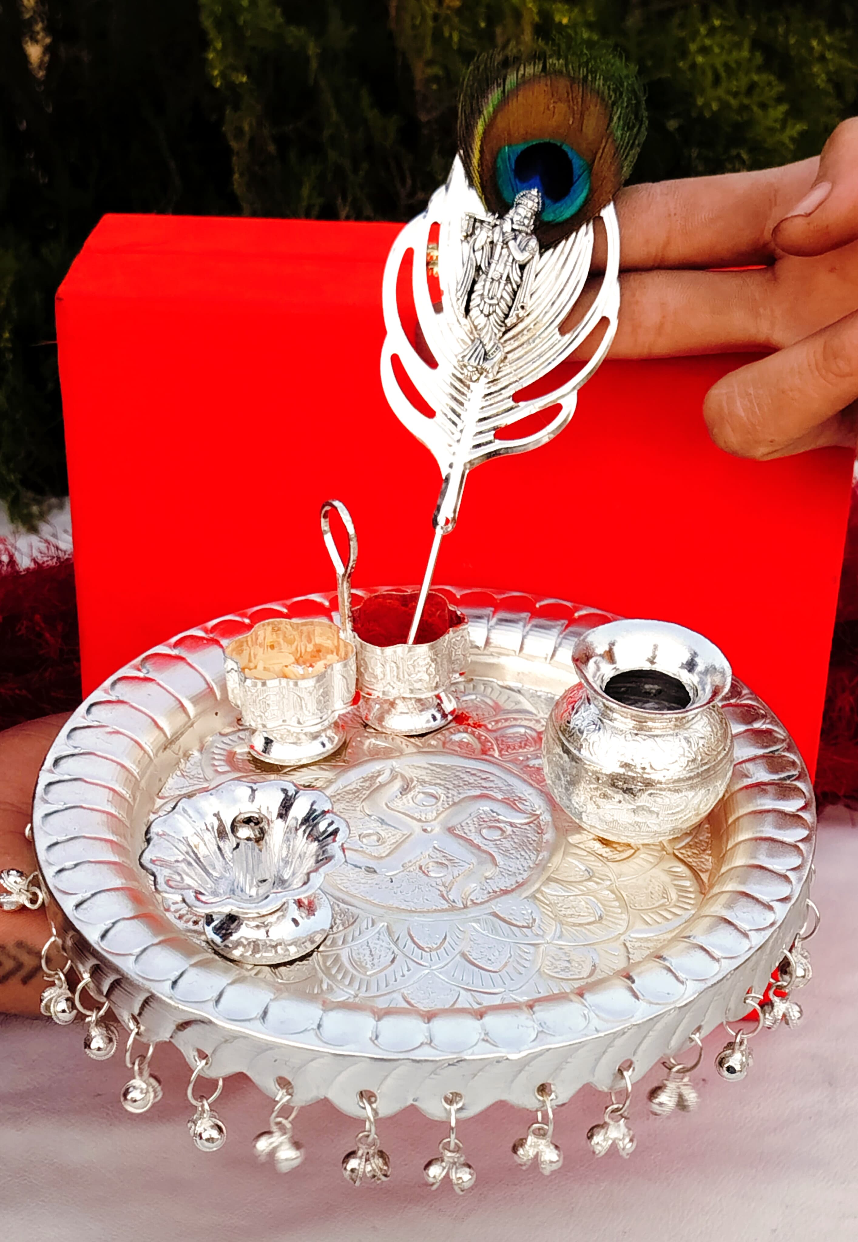 German silver Ghungaru aarti thali set with peacock feather flute Krishna Tilak stick